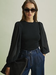 Florere Hybrid Knit Sheer Sleeve Black Top - Image 3 of 6