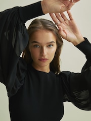 Florere Hybrid Knit Sheer Sleeve Black Top - Image 4 of 6