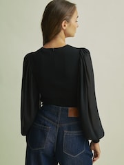 Florere Hybrid Knit Sheer Sleeve Black Top - Image 5 of 6