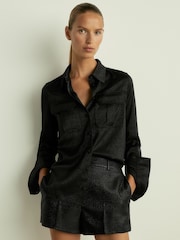 Reiss Black Hettie Herringbone-Jacquard Satin Shirt - Image 1 of 6