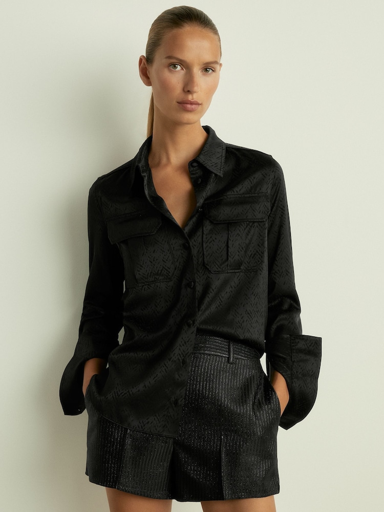 Reiss Black Hettie Herringbone-Jacquard Satin Shirt - Image 1 of 6