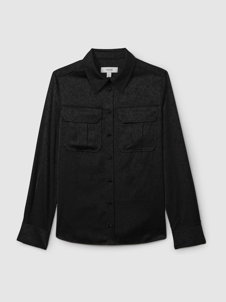 Reiss Black Hettie Herringbone-Jacquard Satin Shirt - Image 2 of 6