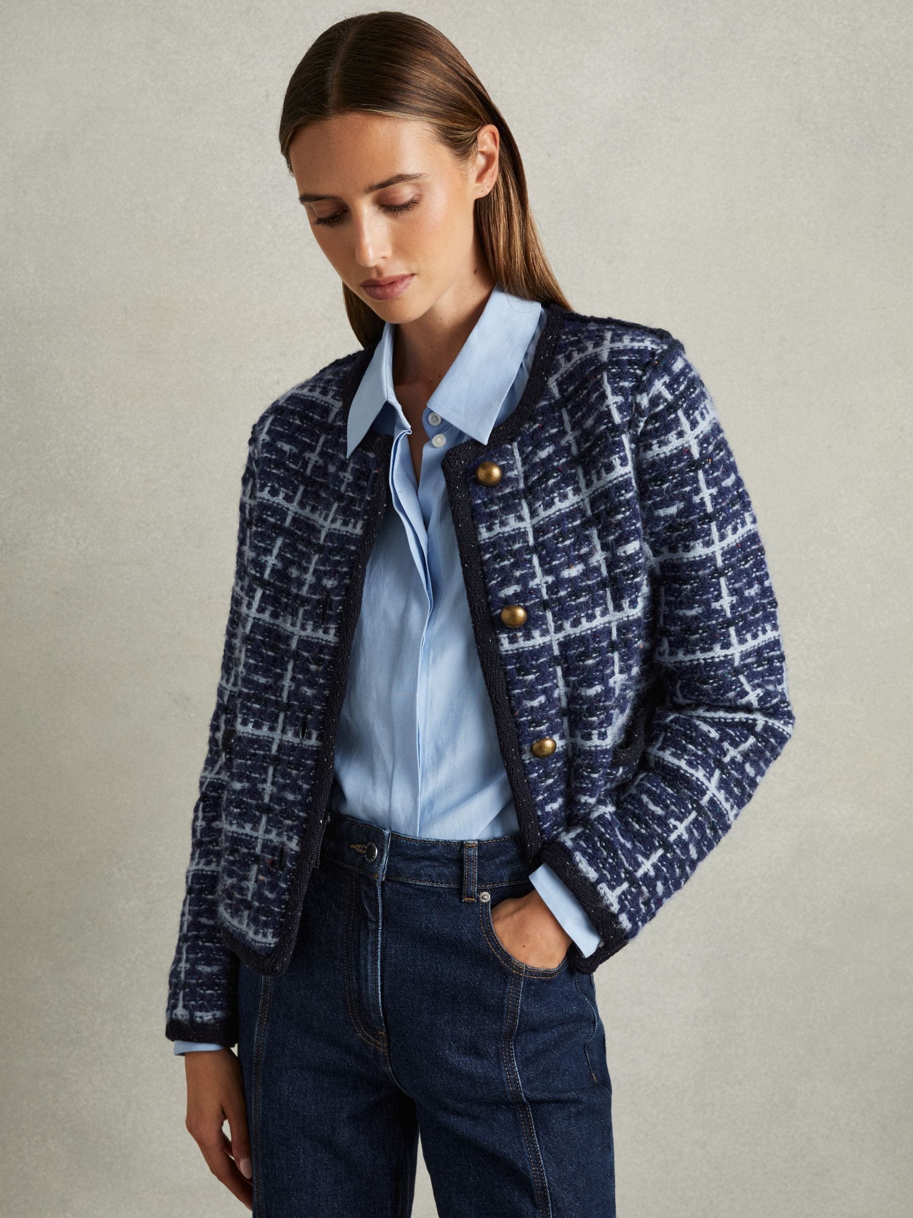 Buy Reiss Blue Felicity Tweed-Effect Cardigan with Merino Buy Reiss Blue Felicity Tweed-Effect Cardigan with Merino