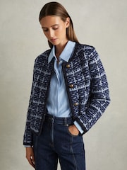 Reiss Blue Felicity Tweed-Effect Cardigan with Merino - Image 1 of 6