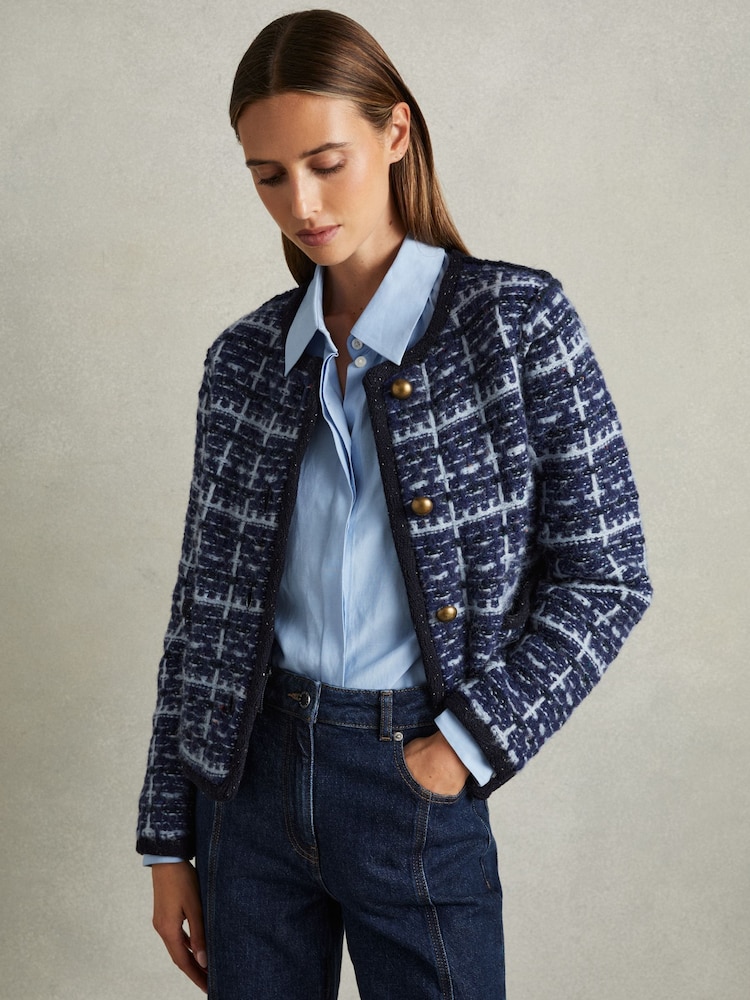 Reiss Blue Felicity Tweed-Effect Cardigan with Merino - Image 1 of 6