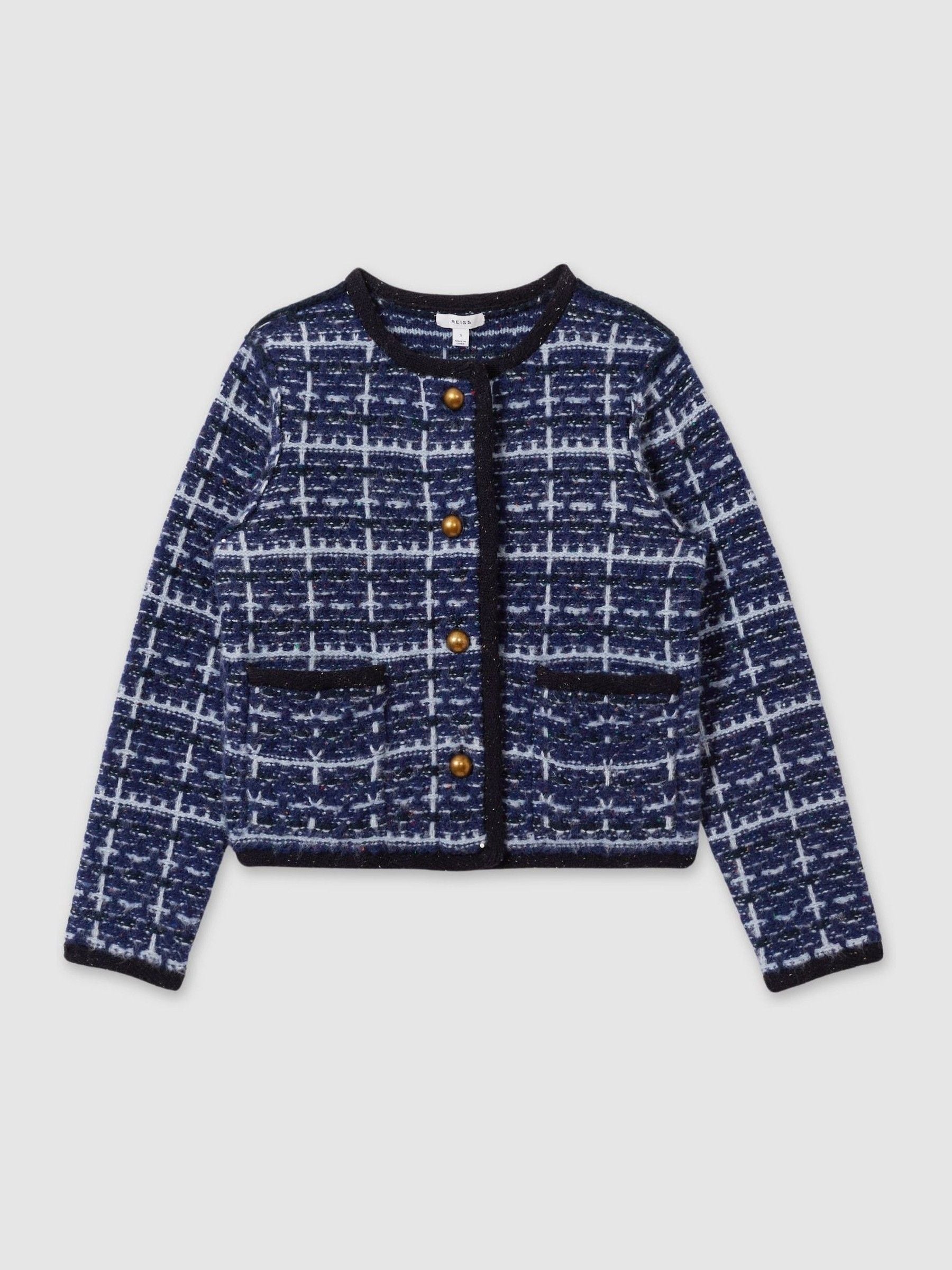 Buy Reiss Blue Felicity Tweed-Effect Cardigan with Merino Buy Reiss Blue Felicity Tweed-Effect Cardigan with Merino