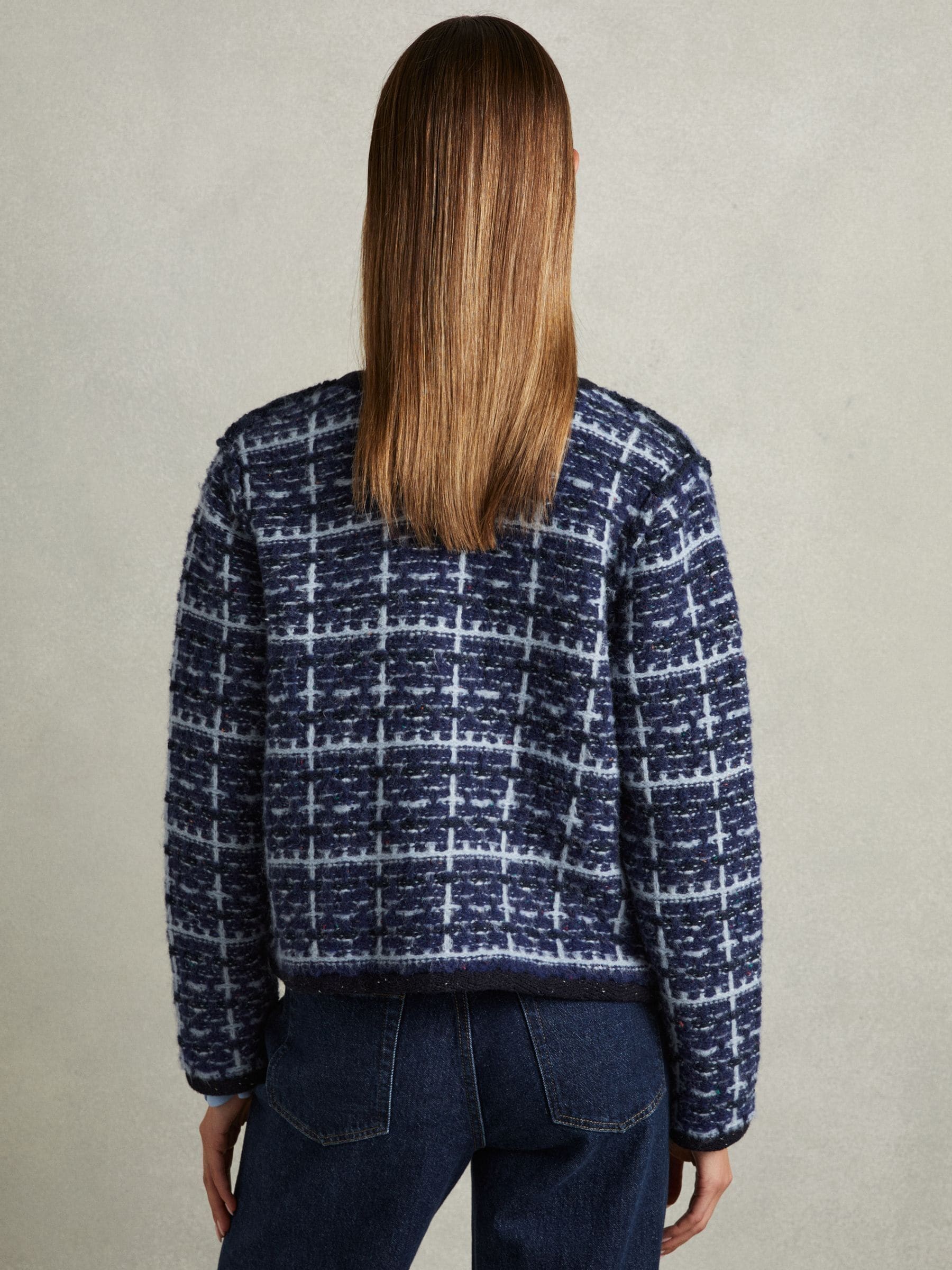 Buy Reiss Blue Felicity Tweed-Effect Cardigan with Merino Buy Reiss Blue Felicity Tweed-Effect Cardigan with Merino