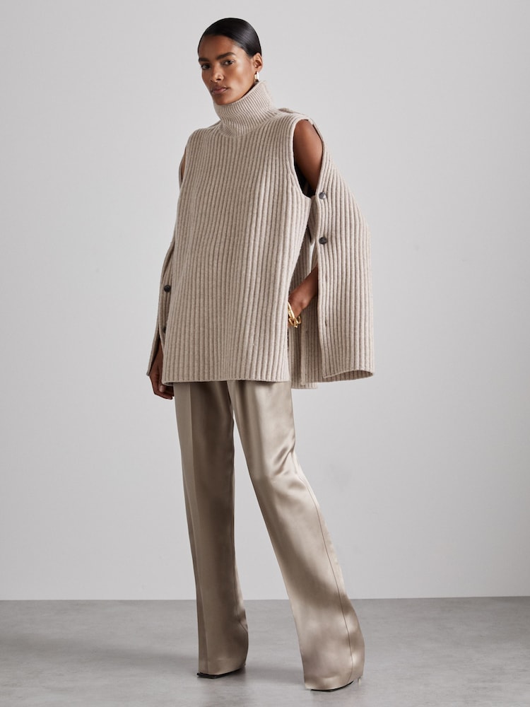 Reiss Neutral Darcey Atelier Wool-Blend Buttoned-Sleeve Jumper with Cashmere - Image 1 of 7