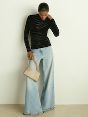 Reiss Black Ari Velvet Ruched Long-Sleeve Top - Image 1 of 6