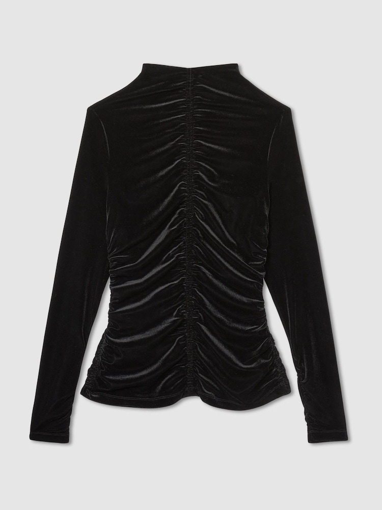 Reiss Black Ari Velvet Ruched Long-Sleeve Top - Image 2 of 6