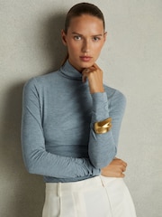 Reiss Blue Louisa Ruched Jersey Top with Wool - Image 1 of 6
