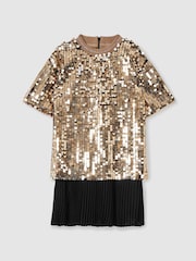 Reiss Gold Darcey 13-14 yrs Sequin T-Shirt Dress - Image 1 of 4