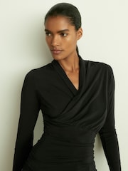 Reiss Black Peyton Mesh Wrap-Neck Ruched Top - Image 1 of 5