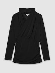 Reiss Black Peyton Mesh Wrap-Neck Ruched Top - Image 2 of 5