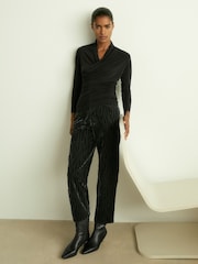 Reiss Black Peyton Mesh Wrap-Neck Ruched Top - Image 3 of 5