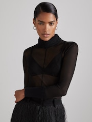 Reiss Black Amber Atelier Sheer-Jersey Funnel-Neck Top - Image 1 of 6
