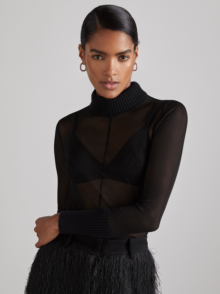 Reiss Black Amber Atelier Sheer-Jersey Funnel-Neck Top - Image 1 of 6
