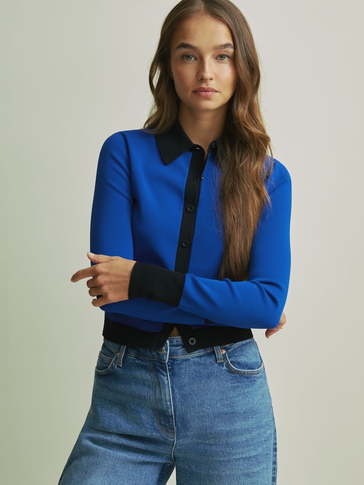 Florere Bright Blue Contrast Trim Cropped Cardigan - Image 1 of 6