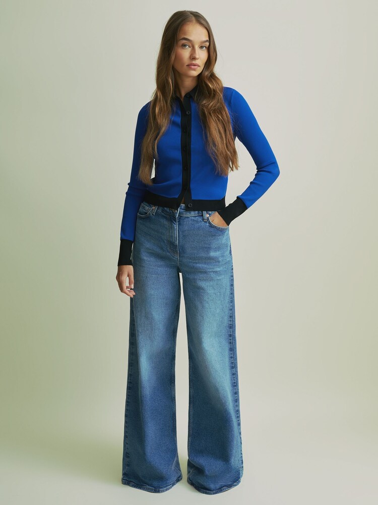 Florere Bright Blue Contrast Trim Cropped Cardigan - Image 3 of 6