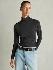 Reiss Black Louisa Ruched Jersey Top with Wool - Image 3 of 6