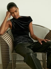 Reiss Black Dylan Velvet Drape Off-Shoulder Top - Image 1 of 6