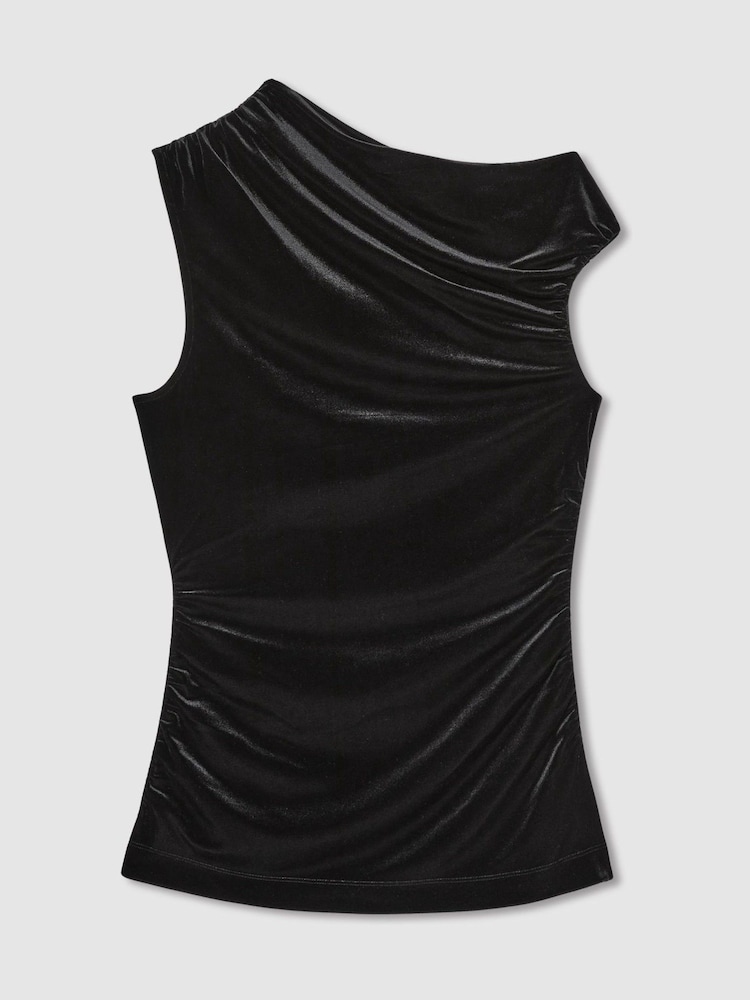 Reiss Black Dylan Velvet Drape Off-Shoulder Top - Image 2 of 6