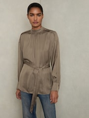 Reiss Mink Lina Woven High-Neck Belted Blouse - Image 3 of 7