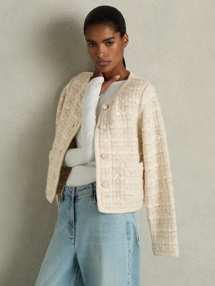 Reiss Felicity Tweed Effect Cardigan with Merino - Slika 1 iz 7