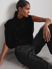 Reiss Black Abigail Atelier Velvet Draped Sleeveless Bodysuit - Image 4 of 6