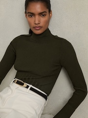 Reiss Green Vienne Rib-Knit High-Neck Top - Image 1 of 5