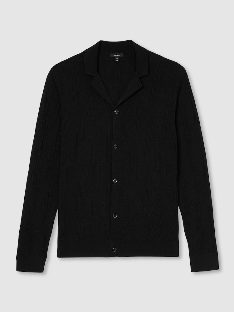 Reiss Black Trixie Jacquard Cuban-Collar Button-Through Shirt - Image 2 of 7