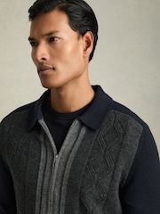 Reiss Navy/Grey Tennant Wool Colour-Block Zip-Through Cardigan - Image 1 of 6