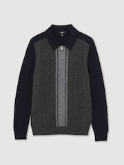 Reiss Navy/Grey Tennant Wool Colour-Block Zip-Through Cardigan - Image 2 of 6