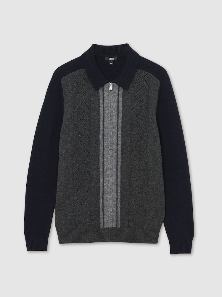 Reiss Navy/Grey Tennant Wool Colour-Block Zip-Through Cardigan - Image 2 of 6
