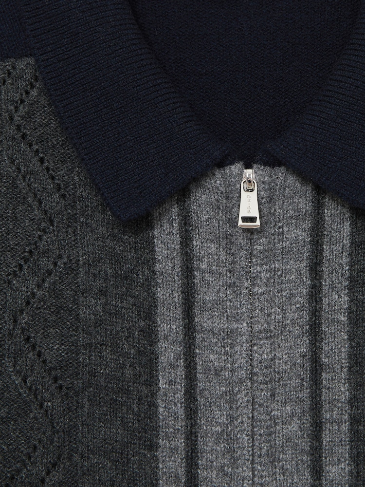 Reiss Navy/Grey Tennant Wool Colour-Block Zip-Through Cardigan - Image 6 of 6