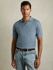 Reiss Airforce Blue Duchie Merino Wool Open Collar Polo Shirt - Image 1 of 6