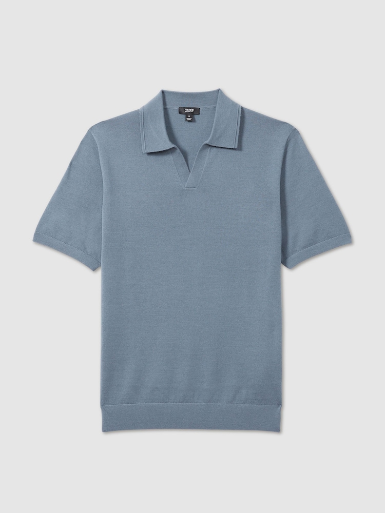 Reiss Airforce Blue Duchie Merino Wool Open Collar Polo Shirt - Image 2 of 6
