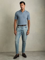 Reiss Airforce Blue Duchie Merino Wool Open Collar Polo Shirt - Image 3 of 6