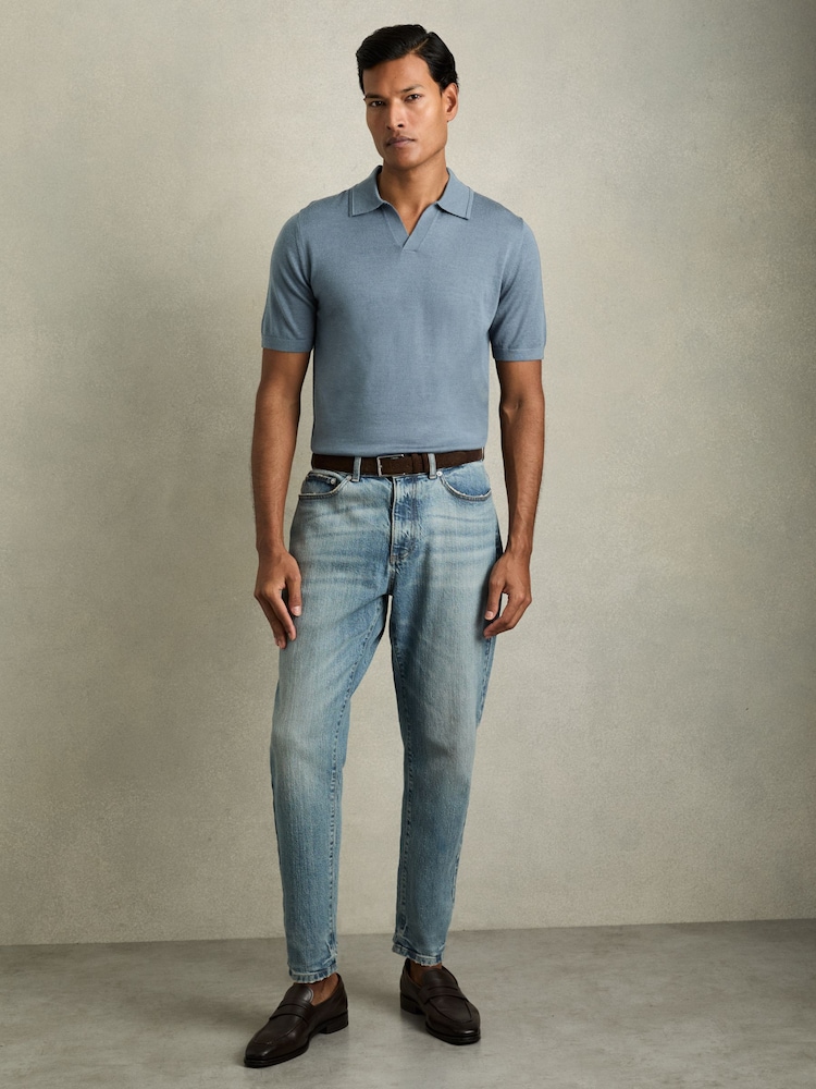 Reiss Airforce Blue Duchie Merino Wool Open Collar Polo Shirt - Image 3 of 6
