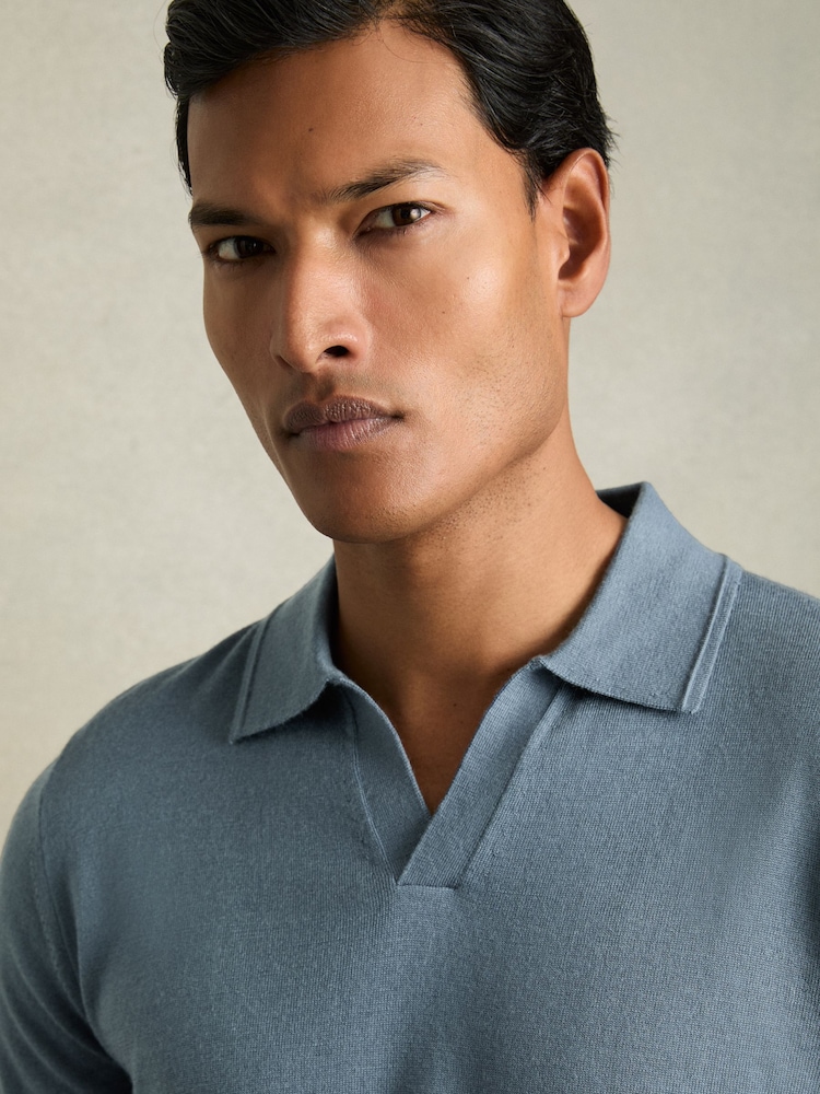 Reiss Airforce Blue Duchie Merino Wool Open Collar Polo Shirt - Image 4 of 6