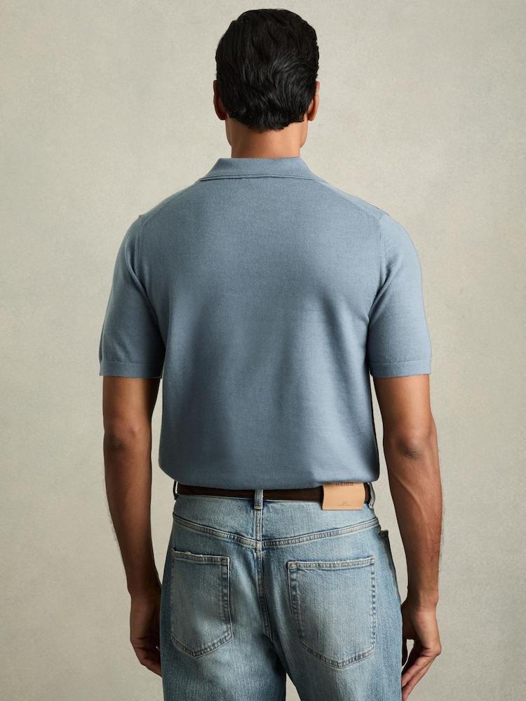 Reiss Airforce Blue Duchie Merino Wool Open Collar Polo Shirt - Image 5 of 6