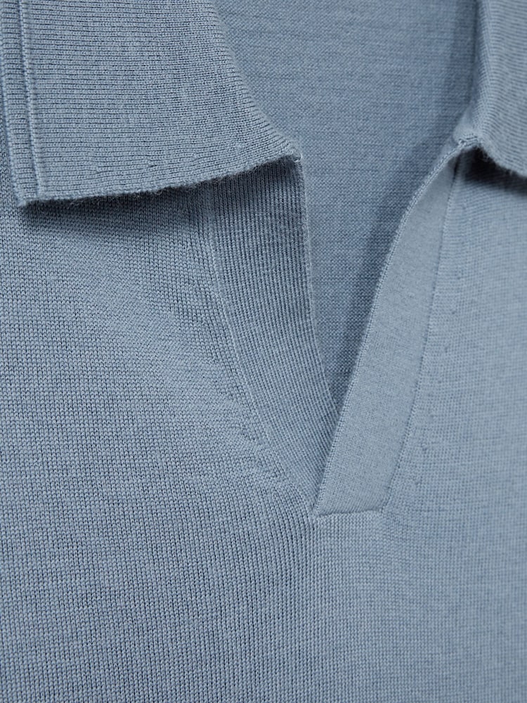 Reiss Airforce Blue Duchie Merino Wool Open Collar Polo Shirt - Image 6 of 6