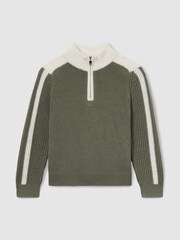 Reiss Sage/White Carnellis 13-14 yrs Zipped Quarter Zip Jumper with Wool and Cotton - Image 1 of 4