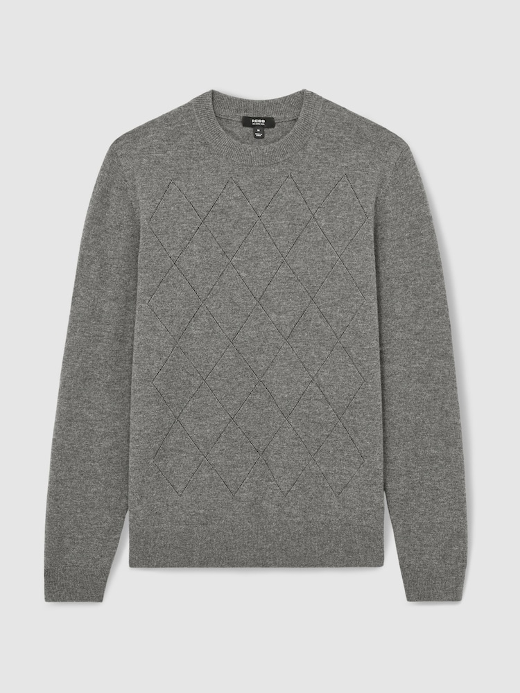 Reiss Mid Grey Melange Vince Wool Argyle Crew-Neck Jumper - Image 2 of 6