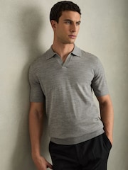 Reiss Warm Grey Melange Duchie Merino Wool Open Collar Polo Shirt - Image 1 of 7