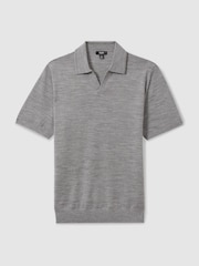 Reiss Warm Grey Melange Duchie Merino Wool Open Collar Polo Shirt - Image 2 of 7