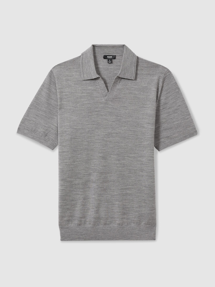 Reiss Warm Grey Melange Duchie Merino Wool Open Collar Polo Shirt - Image 2 of 7