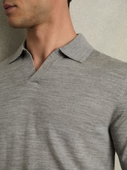 Reiss Warm Grey Melange Duchie Merino Wool Open Collar Polo Shirt - Image 4 of 7