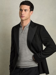 Reiss Warm Grey Melange Duchie Merino Wool Open Collar Polo Shirt - Image 6 of 7