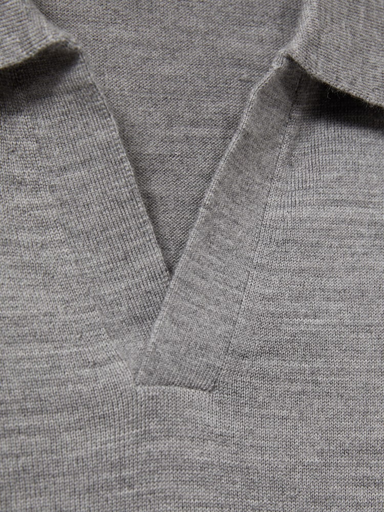 Reiss Warm Grey Melange Duchie Merino Wool Open Collar Polo Shirt - Image 7 of 7
